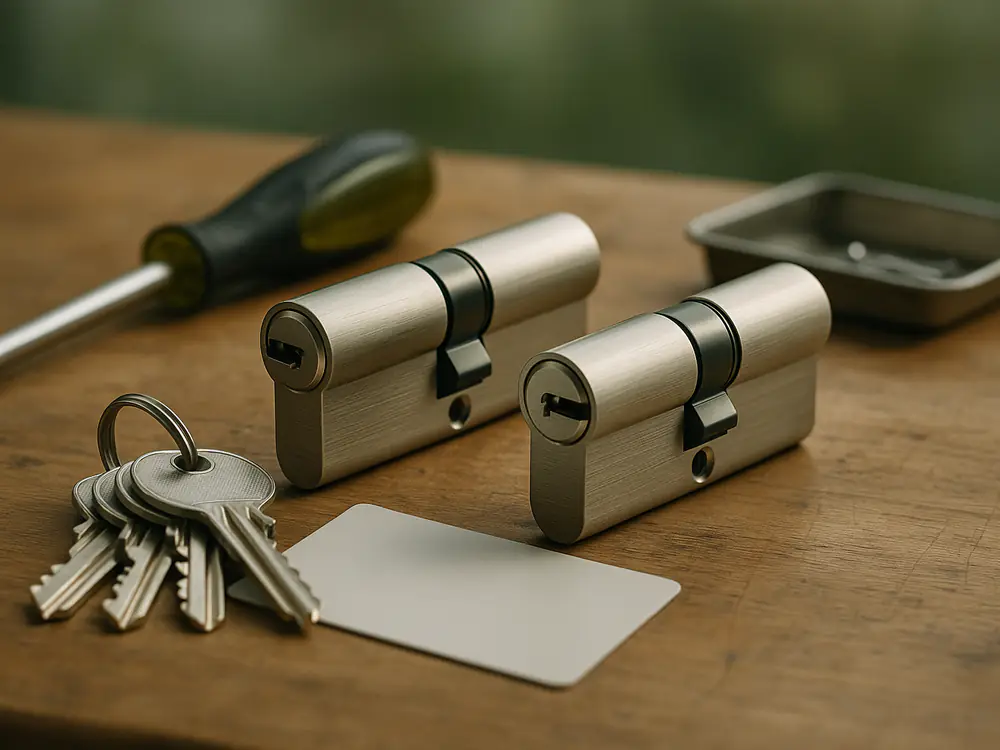 Slotenmaker laat een nieuwe veiligheidscilinder met sleutels zien