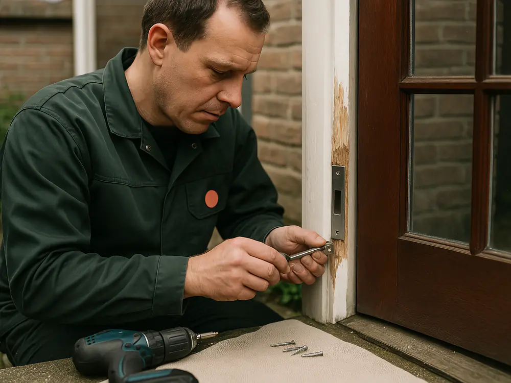 Slotenmaker herstelt inbraakschade aan een houten kozijn en plaatst nieuw sluitwerk