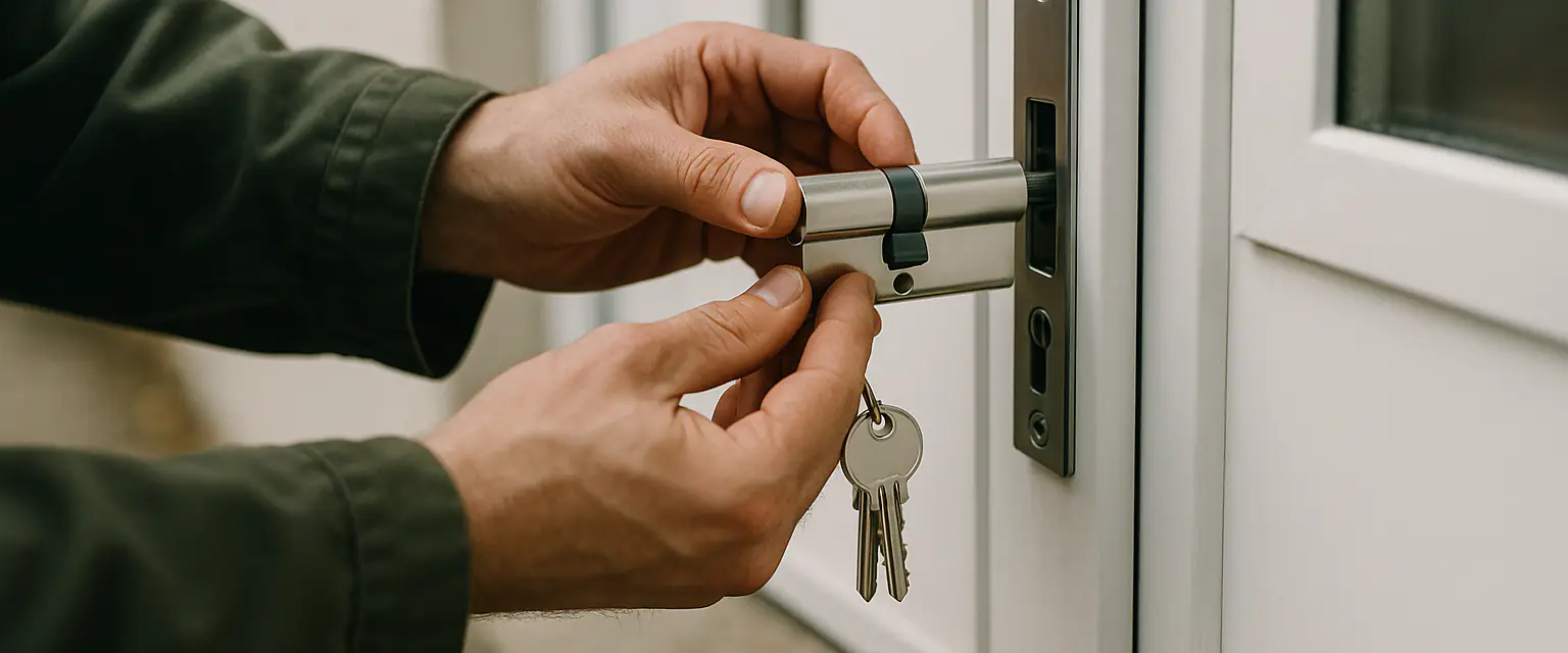 Een nieuwe veiligheidscilinder wordt in het slot van een voordeur geschoven